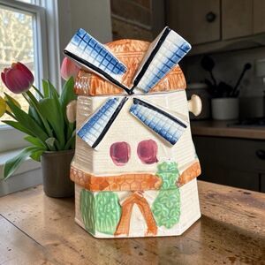 Dutch Windmill Cottage Biscuit Cookie Jar Made In Japan VTG 7x5x5”